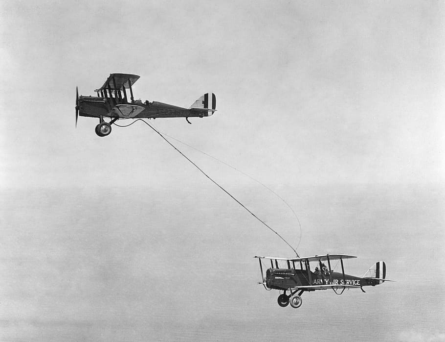two, black, aircrafts, sky, double decker, aircraft, propeller plane, john p judge, aerial refueling, black and white