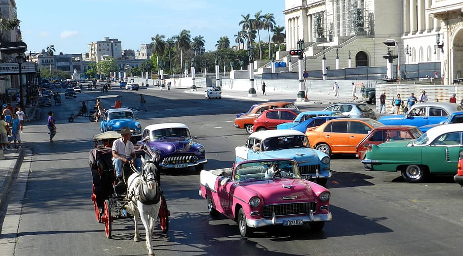 vintage, cars park, road, Cuba, Live, Capitol, car, street, traffic, urban Scene