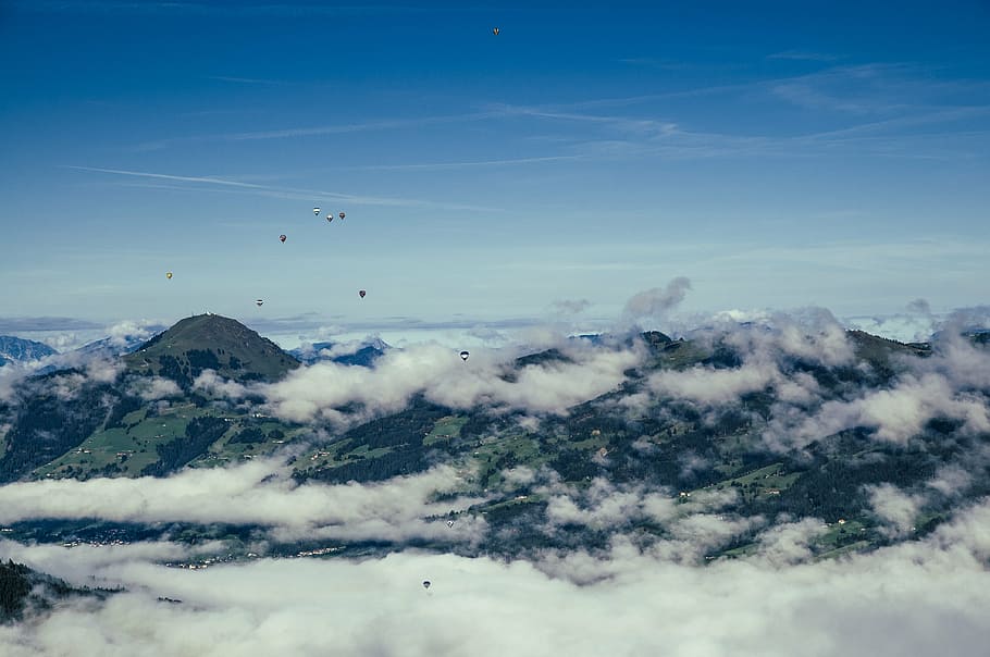 fotografia, nuvens cirros, nimbus, nuvem, balões de ar quente, azul, céu, nuvens, montanhas, paisagem