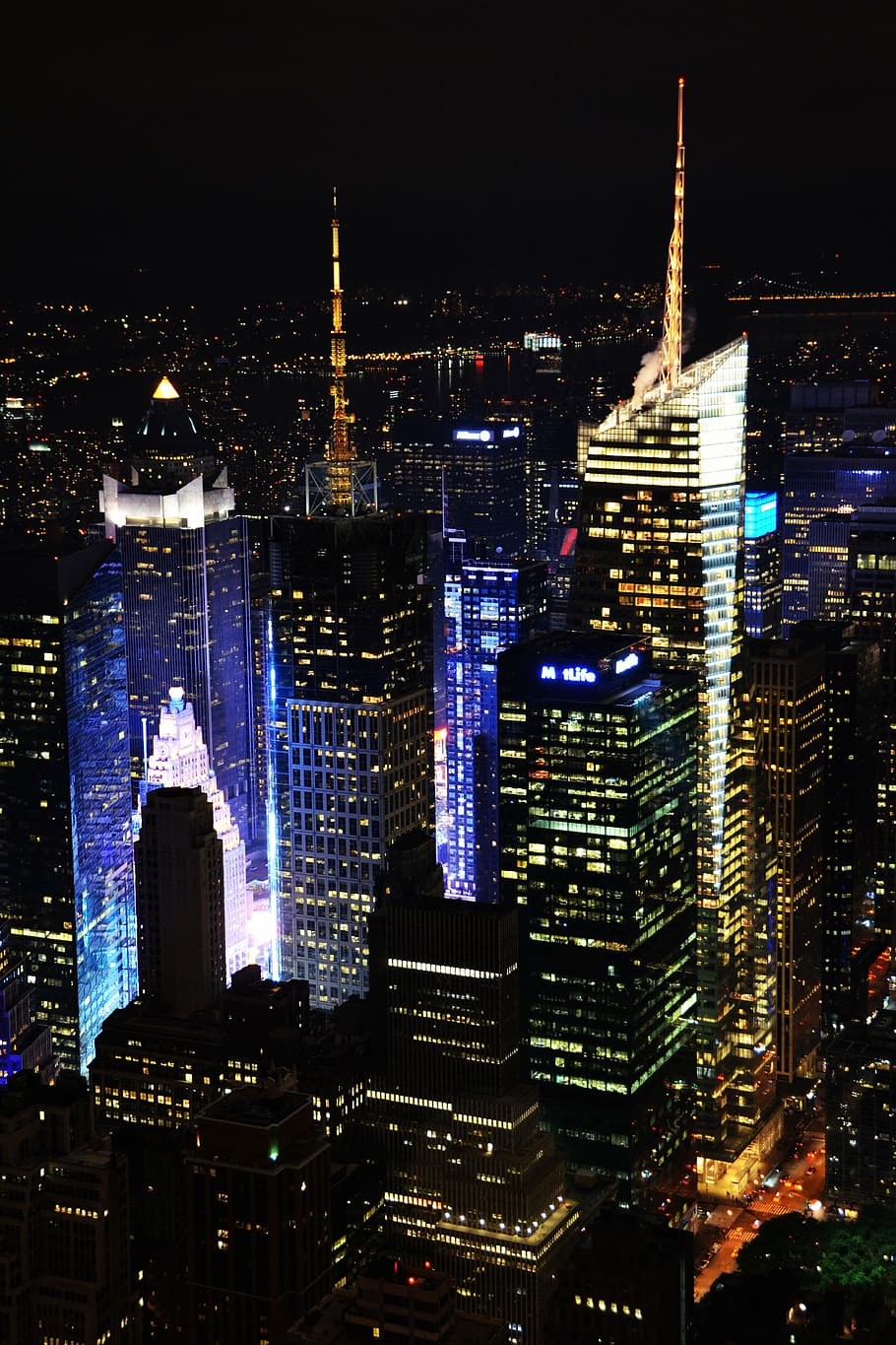 aerial, buildings, nighttime, nyc, ny, manhattan, big apple, skyscraper, new york, skyscrapers