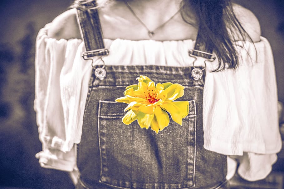 selective, color photo, yellow, petaled flower, person, romper, flower, country girl, faded denim, black and white