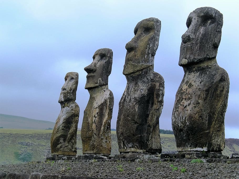 four moai's, easter island, chile, holiday, ancient civilization, ancient, old ruin, outdoors, day, sky