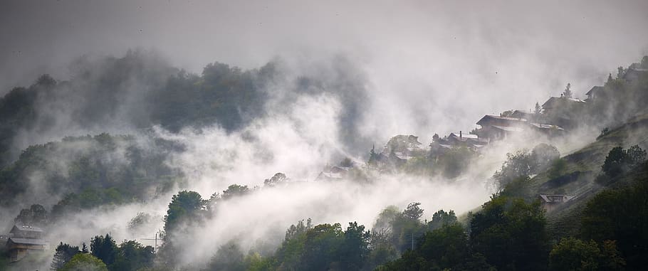 pemandangan, switzerland, kabut asap, musim gugur, gunung, alam, alpine, awan, valais, pagi
