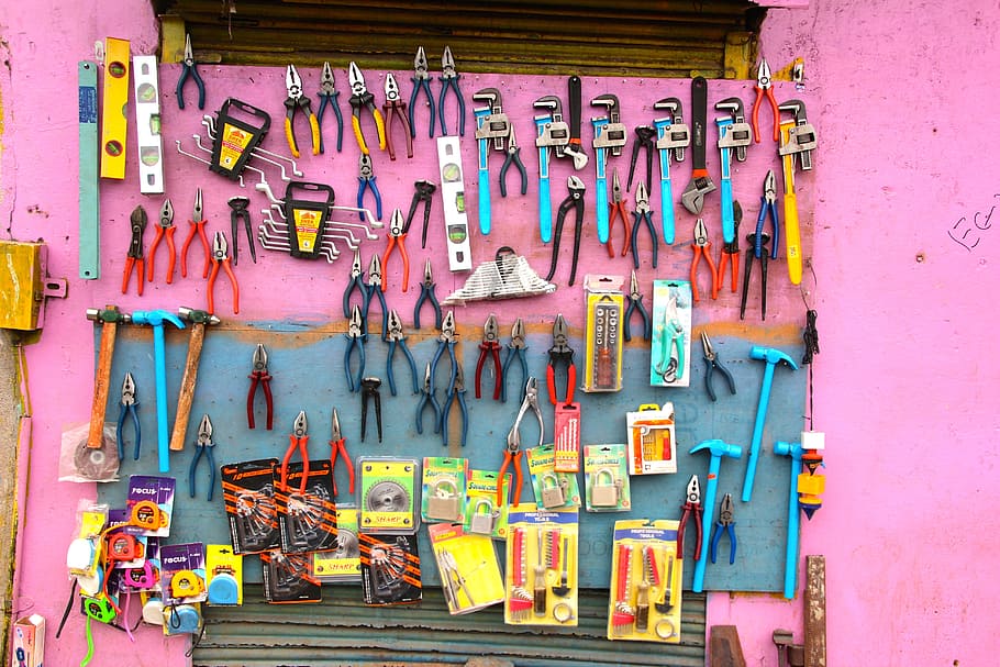 assorted hand tools, tool, craft, pliers, workshop, work, hanging, variation, choice, work tool