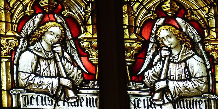 dos, ángel, jugando, flautas ilustración, luz, iglesia, ventana, ventana de la iglesia, vidrieras, históricamente