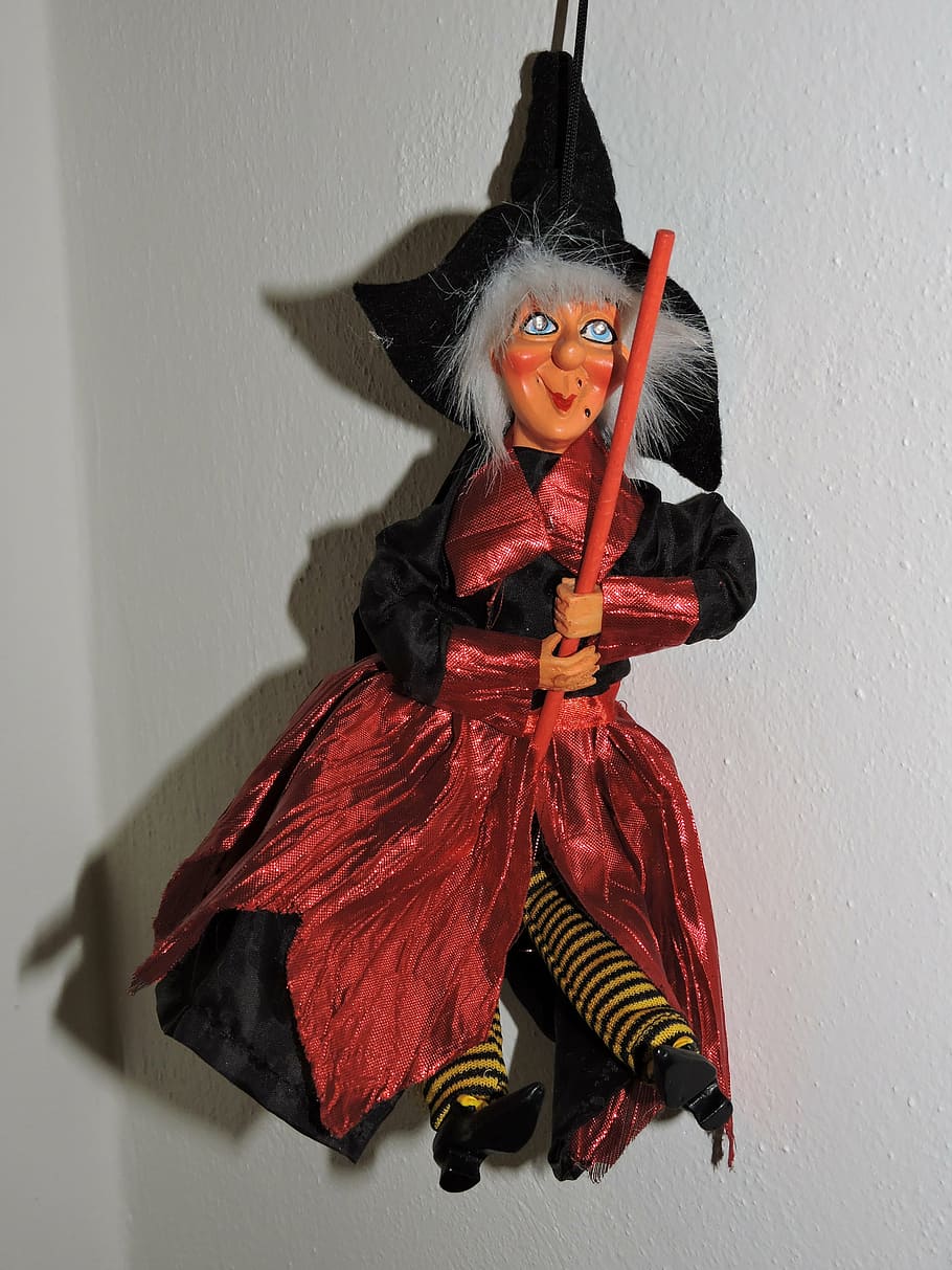 witch, holding, broom halloween decor, epiphany, doll, old, broom, hanging, costume, halloween