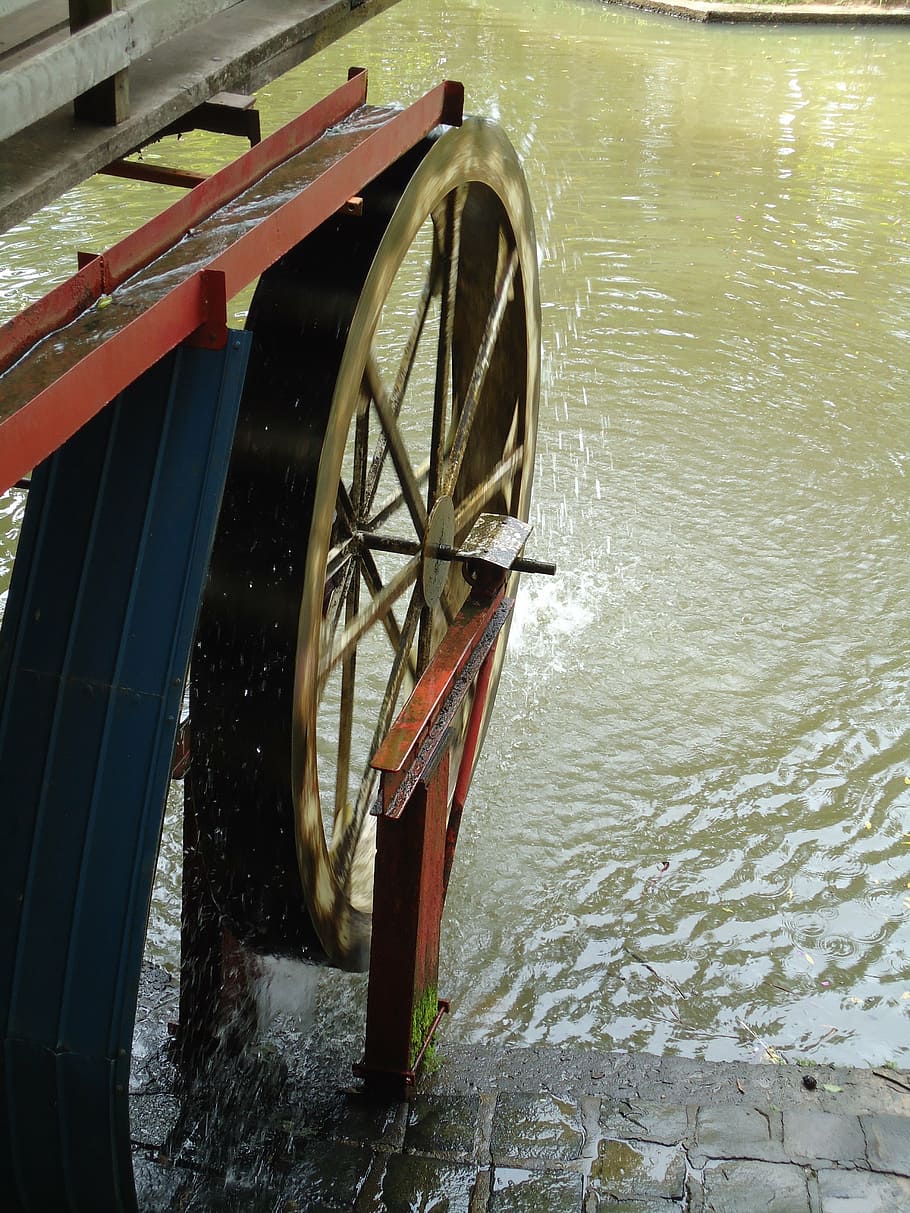 wheel, water, waterwheel, sustainability, water wheel, river, day, nature, transportation, waterfront