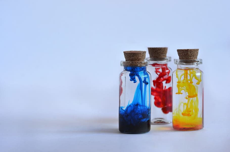 bottles, potions, ink, dye, magic, bottle, colour, little bottles, water effect, swirls of dye