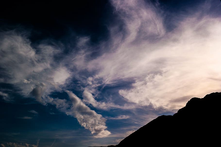 silhouette, mountain, daytime, highland, clouds, blue, sky, summit, ridge, landscape