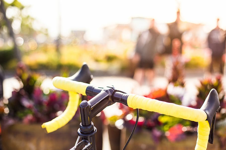 bicycle handlebars, close, Yellow, Bicycle, Handlebars, Close Up, active, bike, cycling, healthy