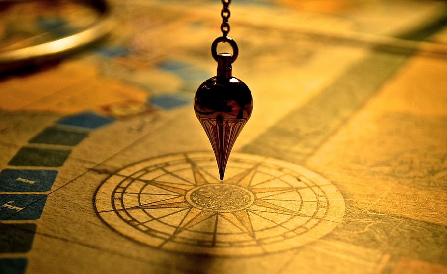 shallow, focus, compass plum bob, map, compass, pendulum, yellow, guide, path, direction
