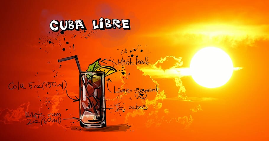cuba libre illustration, cuba libre, cocktail, drink, sunset, alcohol, recipe, party, alcoholic, summer