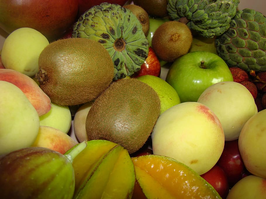 buah, brazil, karambol, kiwi, apel hijau, persik, prem, ara, fruta-do-conde, apel custard buah