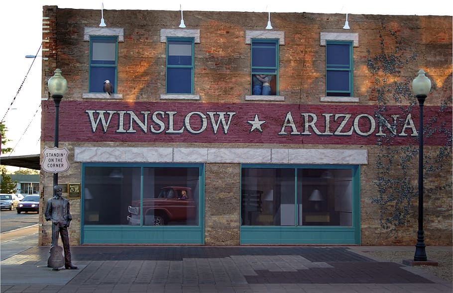 winslow arizona, arizona, winslow, flagstaff, america, standing on the corner, take it easy, eagles, architecture, built structure