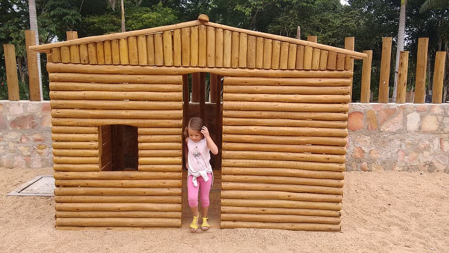 Child, Girl, Little House, Wooden, wooden house, childish, wood, home, one person, childhood