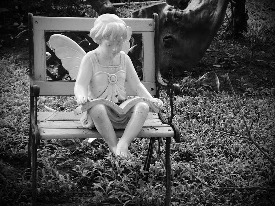 grayscale photography, fairy, statue, sitting, bench, angel, angel wings, angels, botanical, ceramic