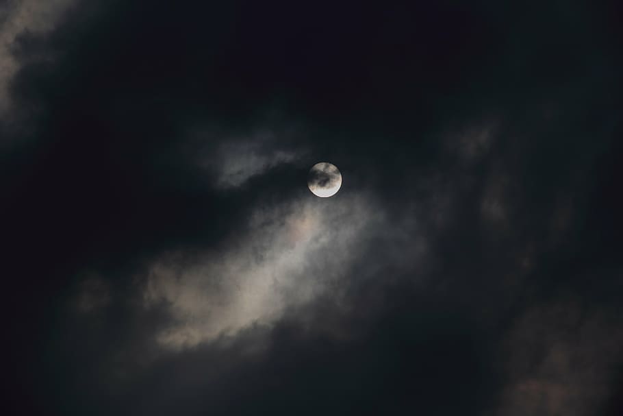 full, moon half-covered, clouds, moon, cloud, evening, dramatic, night, astronomy, crescent