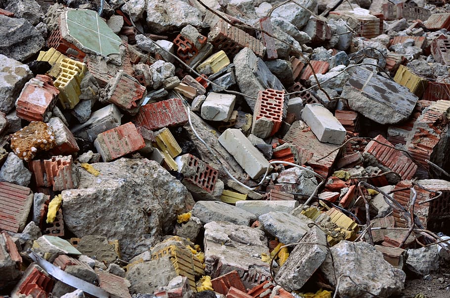 assorted concrete bricks, Crash, Demolition, Stones, Debris, site, building rubble, remains, backgrounds, large group of objects