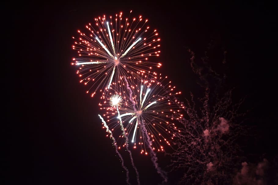 vermelho, noturno, Fogos de artifício, Celebração, Ano novo, explosão, feriado, independência, dom, 4 de julho