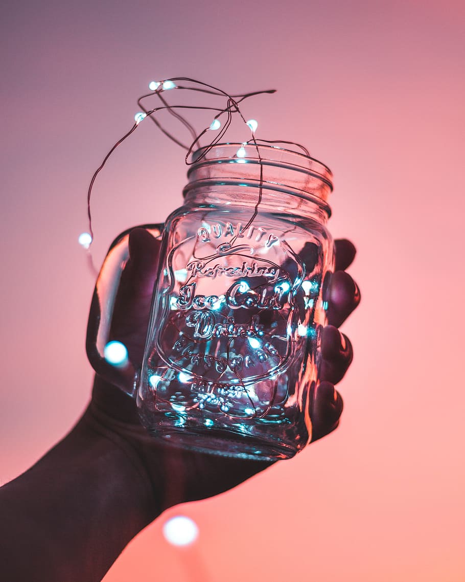 person, holding, clear, glass mason jar, string light, sky, sunset, hand, glass, jar