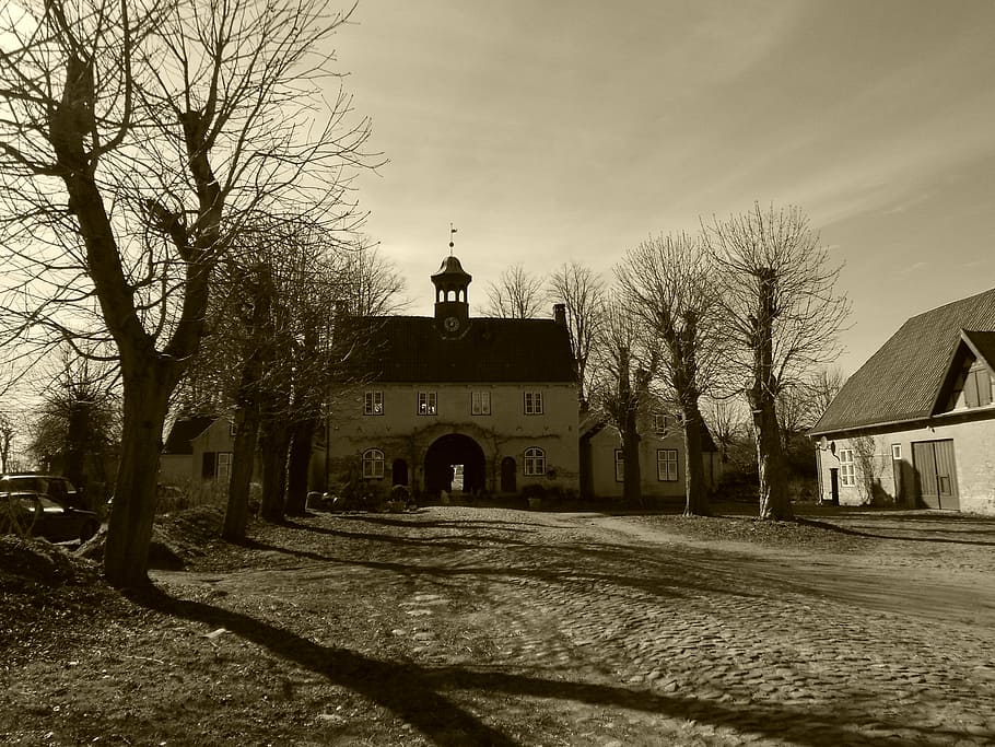 building, goal, castle, trees, old, sepia, historically, jersbek, stormarn, building exterior