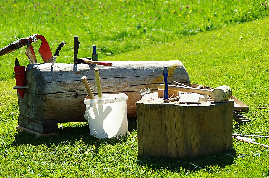 tools of the trade, woodworking, meadow, craft, grass, nature, plant, green color, wood - material, field