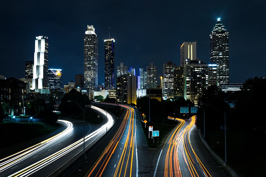 city landscape, night time, bridge, buildings, city, city lights, cityscape, downtown, evening, expressway