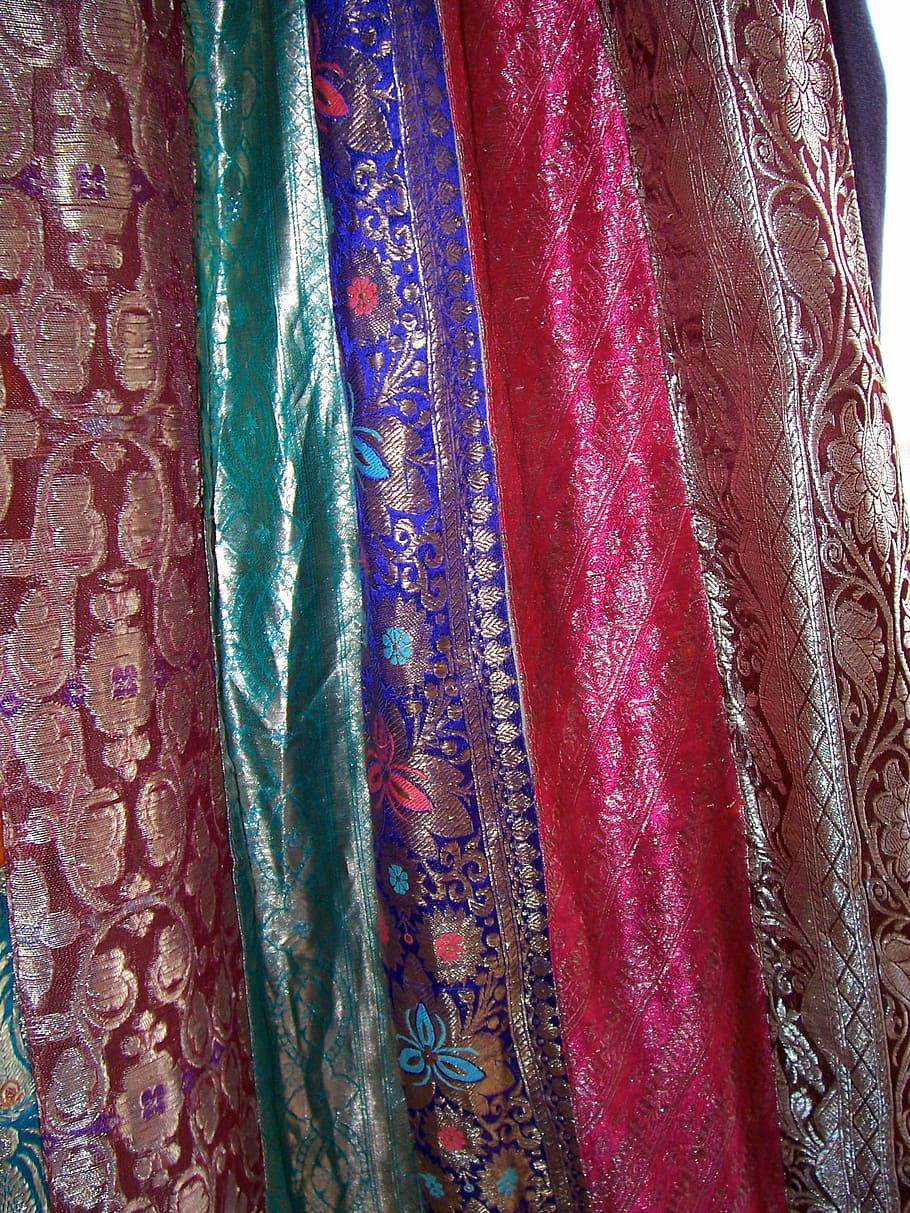 lenços duppata de cores sortidas, sari, tecido, cortinas, cortina, brilho, brilhar, brilhante, ornamentado, índia