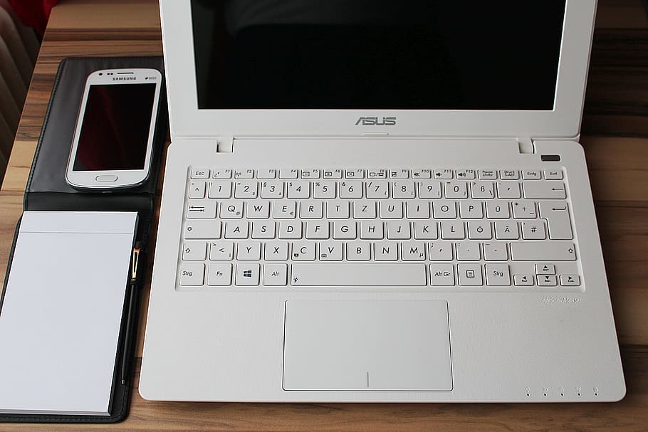 white asus laptop, notebook, smartphone, home office, work, computer, wireless technology, keyboard, technology, communication