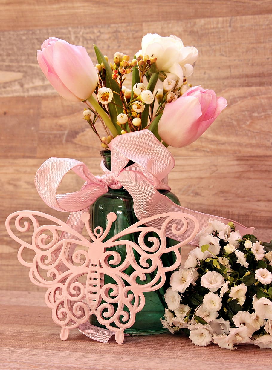 rosa, tulipas, decoração de renda, tabl, ranúnculo, borboleta, vaso, flores, vaso de flor, flores da primavera