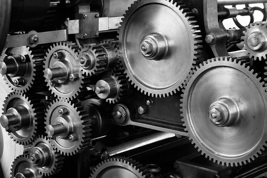 industrial, machine, gears, metal, cogs, grayscale, engineering, manufacturing, precision, mechanical