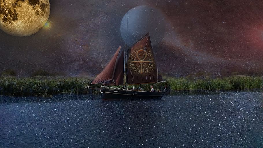 red boat painting, ship, balance, stars, magic, fantasy, imagination, sail, travel, horizon