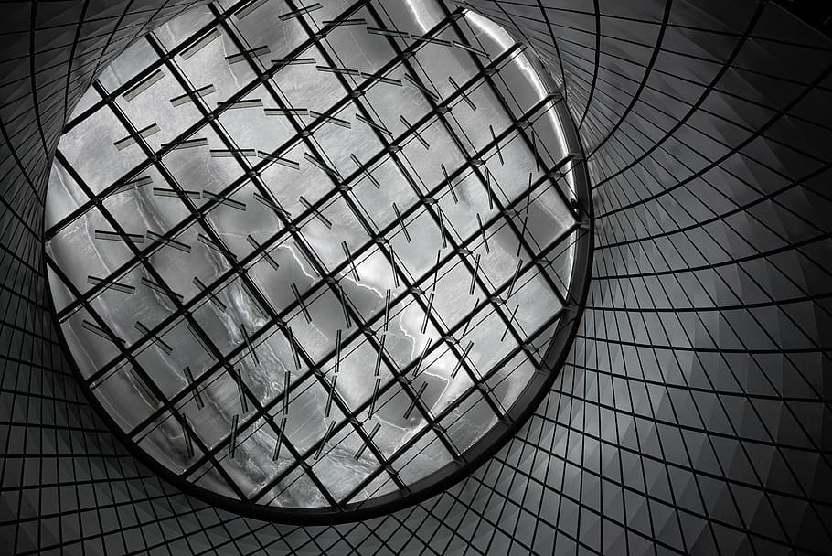foto en escala de grises, techo de cristal, arquitectura, geometría, polígonos, diseño, blanco y negro, escala de grises, acero, patrón