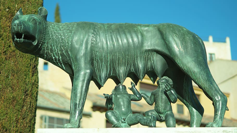 gray, dog statue, blue, sky, she-wolf, segovia, romulus, rowing, aqueduct, breastfeeding