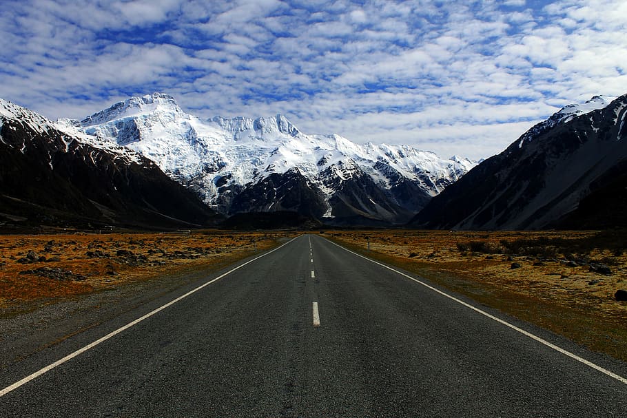 road, mountain, covered, snows, mountains, landscape, snow, new zealand, winter, wasteland