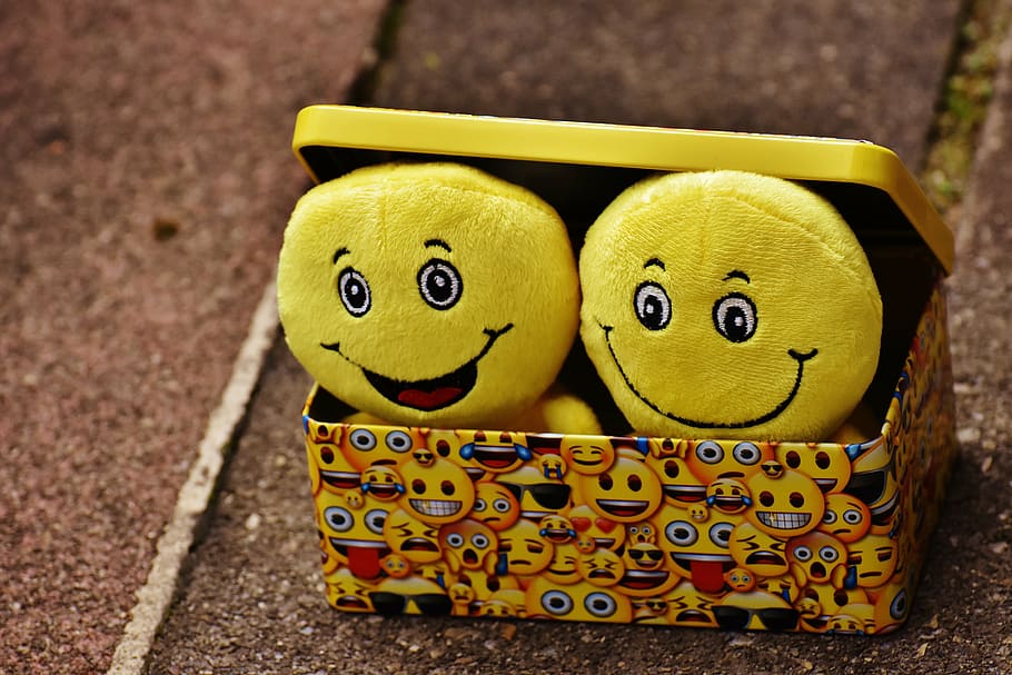 two, yellow, smiley toys, smilies, funny, joy, emoticon, emoji, smiley, happy
