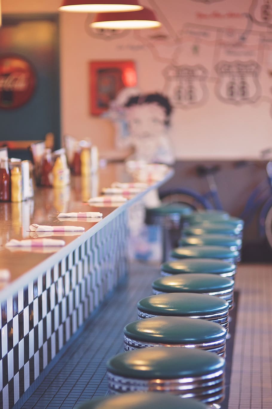 counter table, bar stool chairs, selective, focal, Betty Boop, Diner, Retro, Route 66, vintage, route