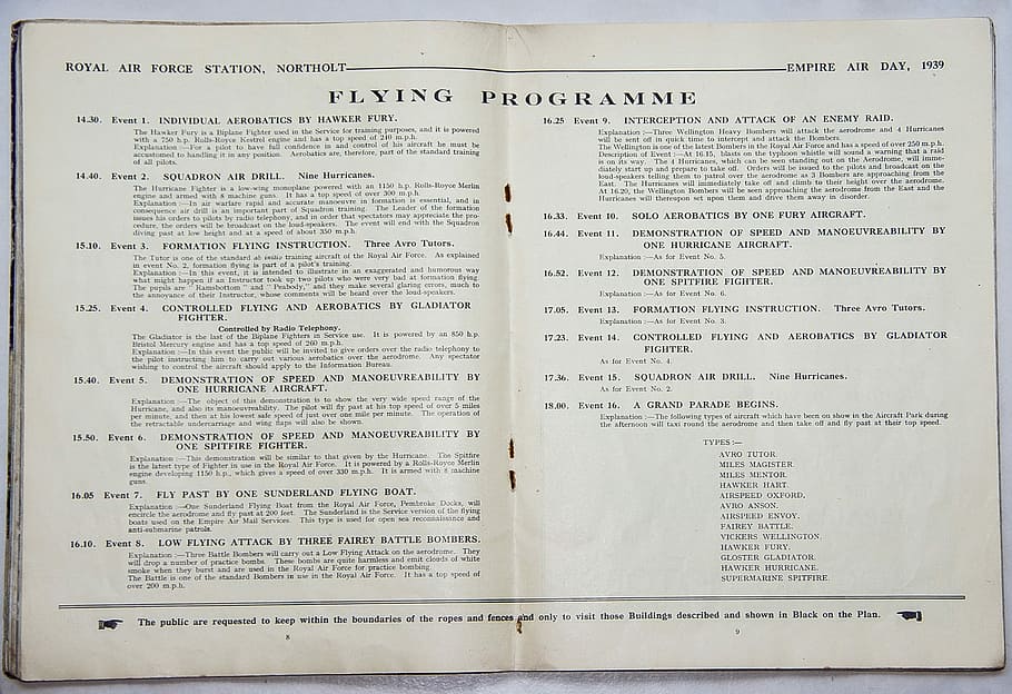 Livro, programa, calendário, eventos, aviões, histórico, ar, mostrar, voando, 1939