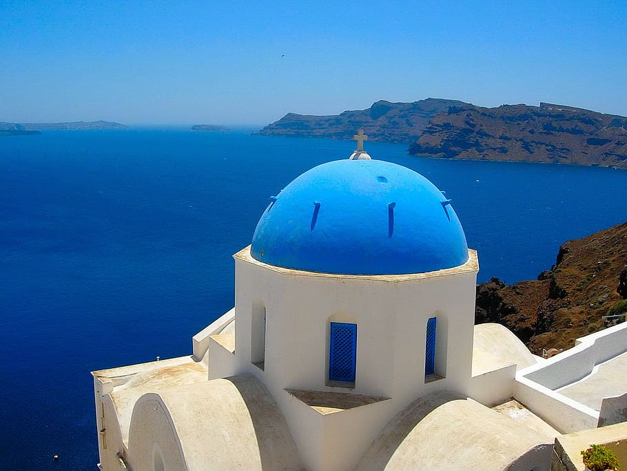 santorini, ocean, island, sea, landscape, greece, sky, mediterranean, scenic, caldera