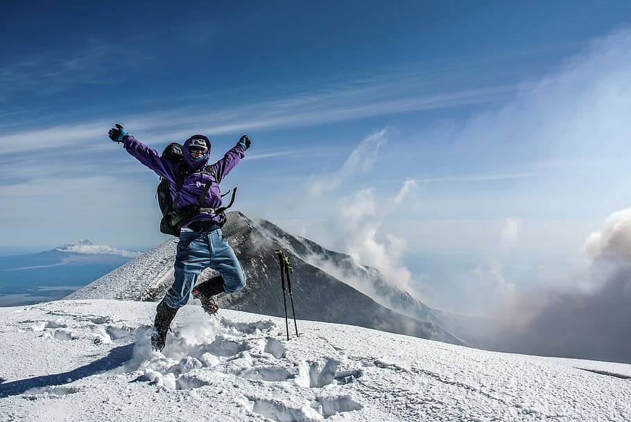 man, wearing, purple, jacket, mountain, blue, sky, daytime, winter, mountains