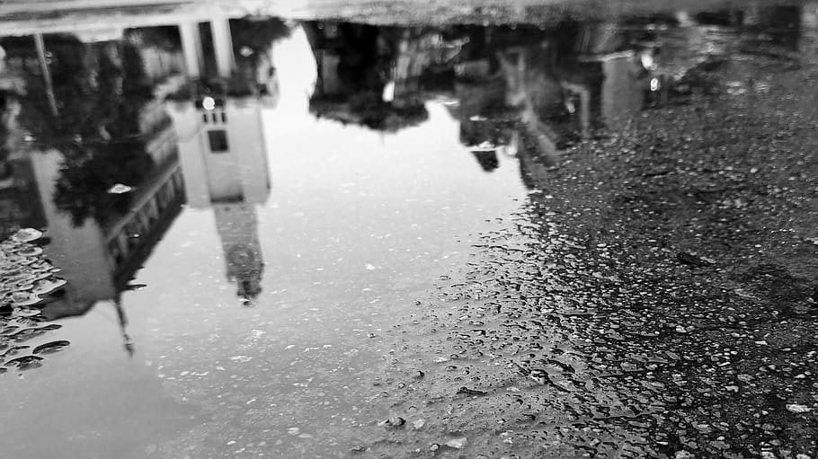 reflection, street, china, water, the bell tower, rain, wet, city, walking, puddle