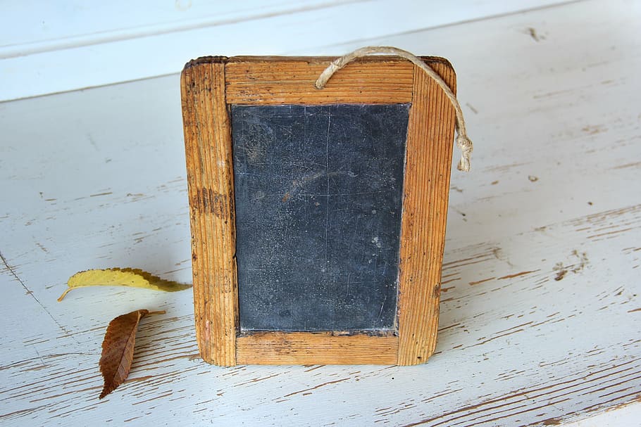 empty, rectangular, brown, wooden, photo frame, school, old, plate, learning, old school