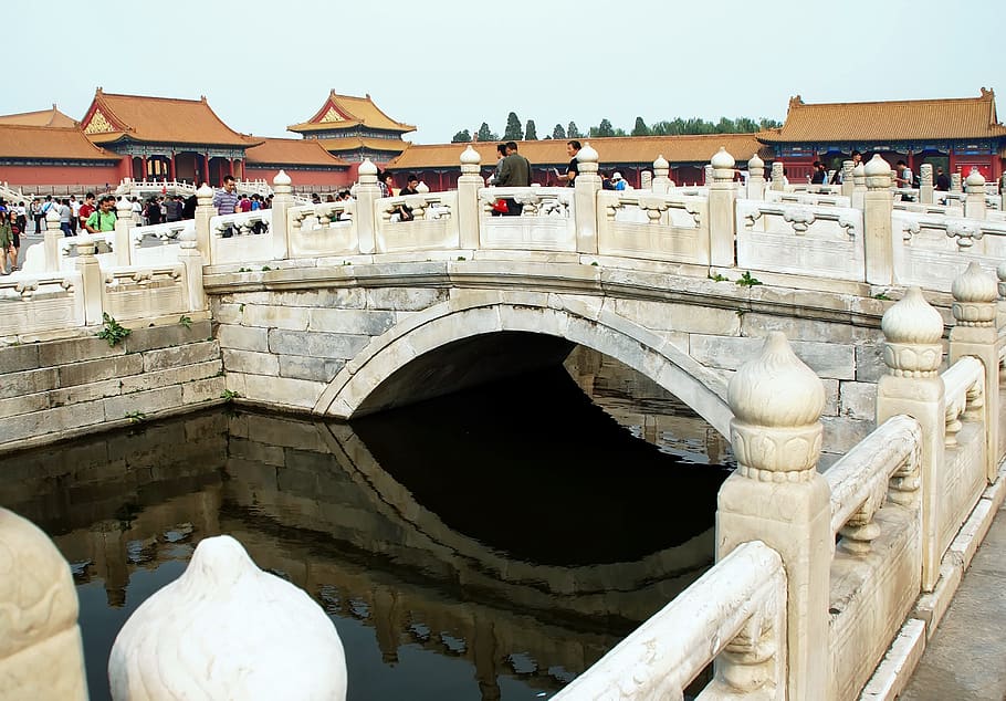 china, pekin, beijing, forbidden city, bridge, guardrail, river, pavilion, imperial, marble