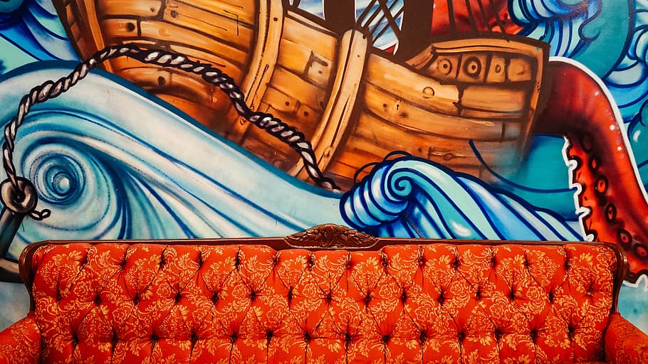 art, sofa, couch, mural, painting, wall, grafitti, blue, textile, orange color