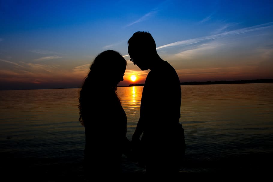 lying sun, prayer, lake, romantic, pray, sunset, sky, love, silhouette, two people