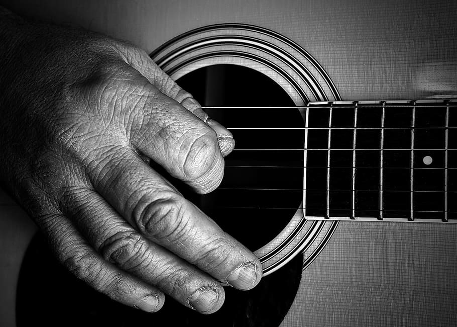 grayscale photo, person, playing, guitar, grayscale, guitar player, playing guitar, acoustic, artist, man