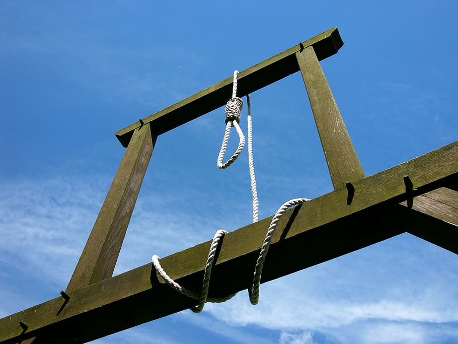 gallows, ropes, loop, wooden frame, blue sky, hanging, chain, sky, low angle view, blue