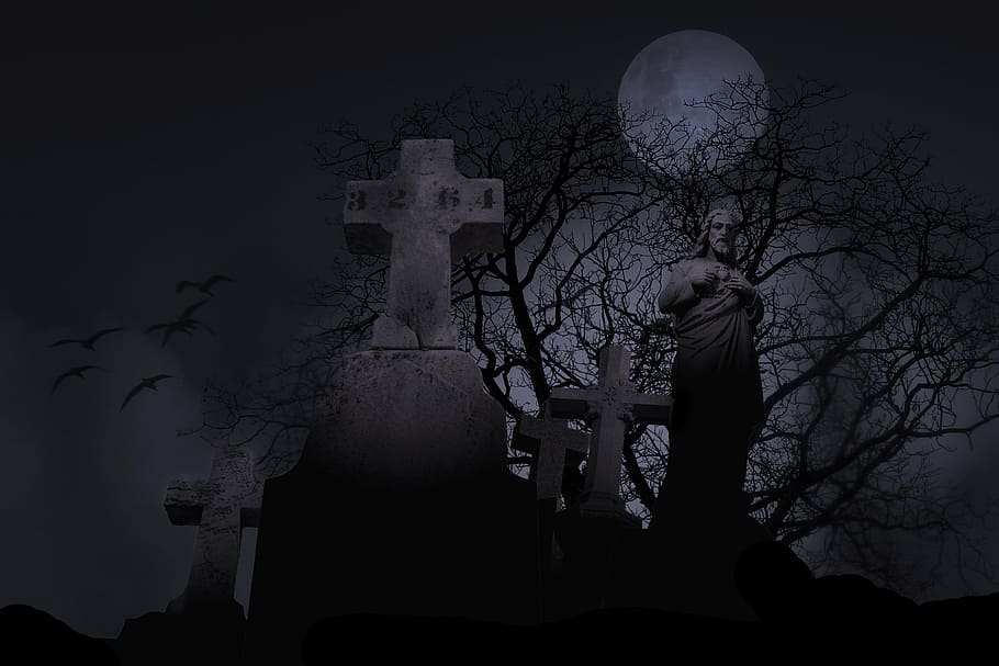 estátua religiosa, cemitério, assustador, símbolo, sepultura, noite, lua, fantasia, morte, mistério