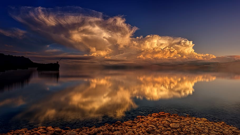 reflective, clouds, mountains, sea, mirroring, water, back light, evening, sun, reflections