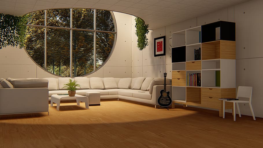 janela redonda, sala de estar, conjunto de sofá, piso de madeira, casa, luxo, estilo, hotel, apartamento, parede